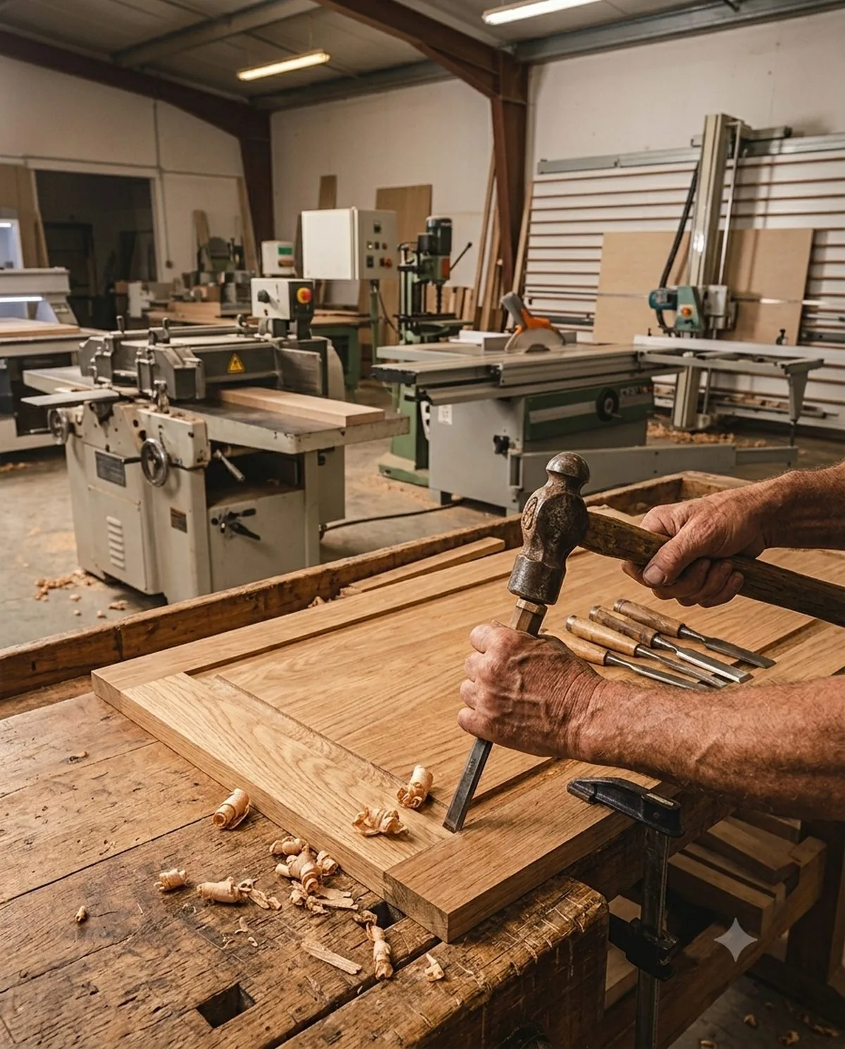 Menuisier au travail sur un établi dans l'atelier Meubles Ben Hamouda