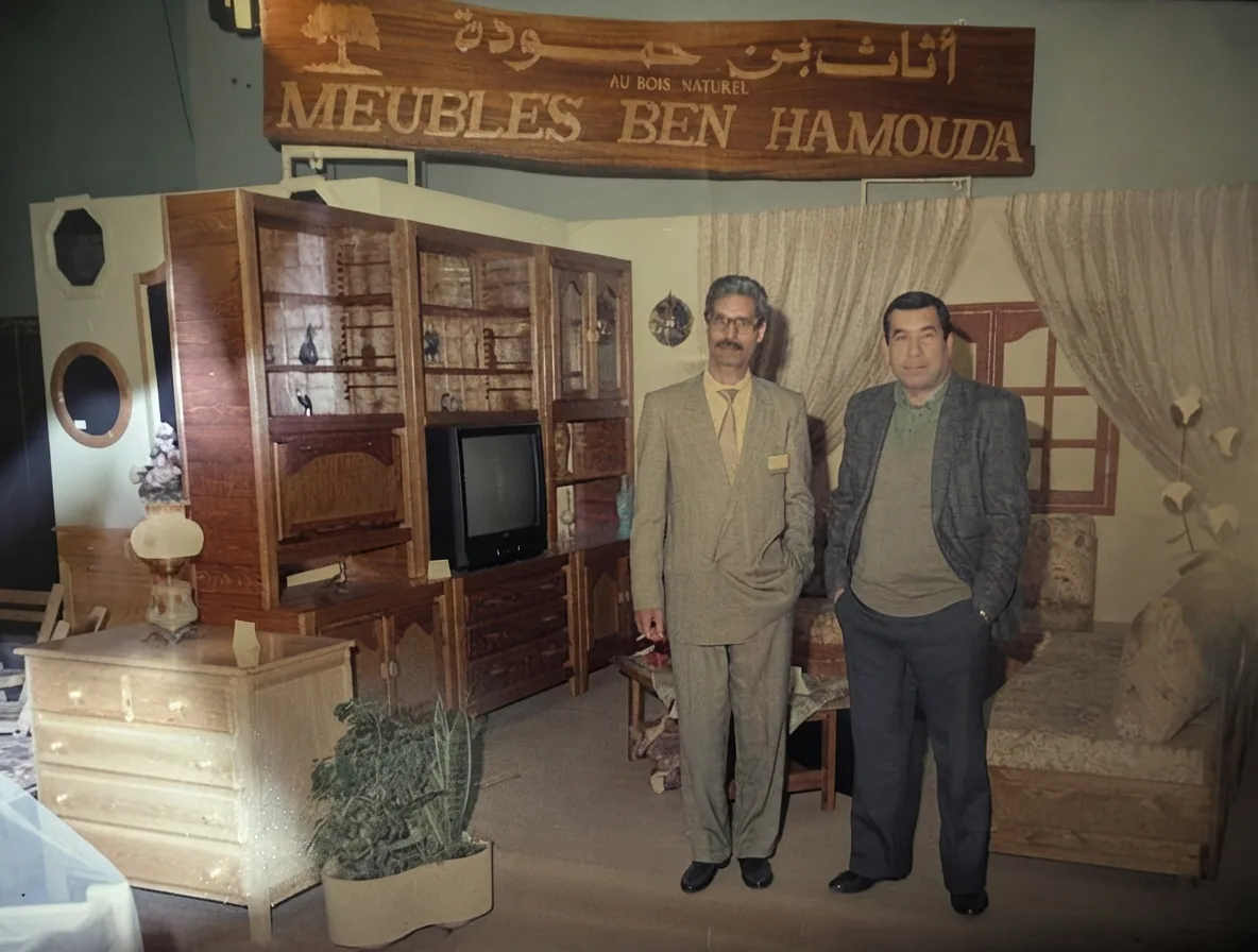 Mahmoud Ben Hamouda et Ayachi Kharoubi, les deux fondateurs, sur le stand Meubles Ben Hamouda lors d'une foire dans les années 1990