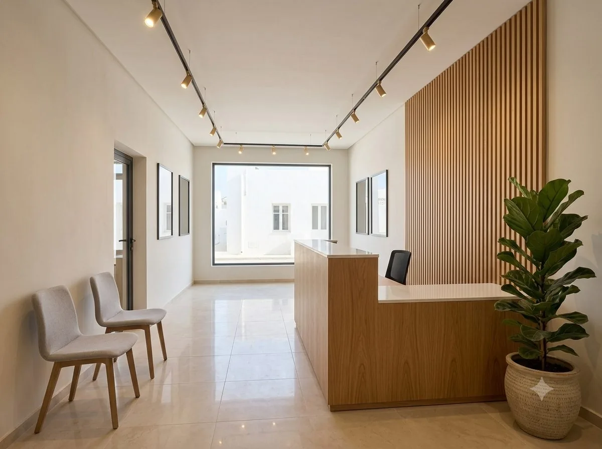 Réalisation : espace de réception avec mobilier en bois sur mesure